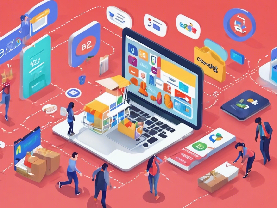 Ilustración de e-commerce con laptop, productos y carritos de compra